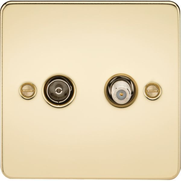 Knightsbridge FP0140PB Flat Plate Polished Brass 2 Gang Isolated TV and SAT TV Outlet