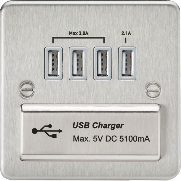 Knightsbridge FPQUADBCG Flat Plate Brushed Chrome 4x USB-A 5.1A Charger Outlet - Grey Insert