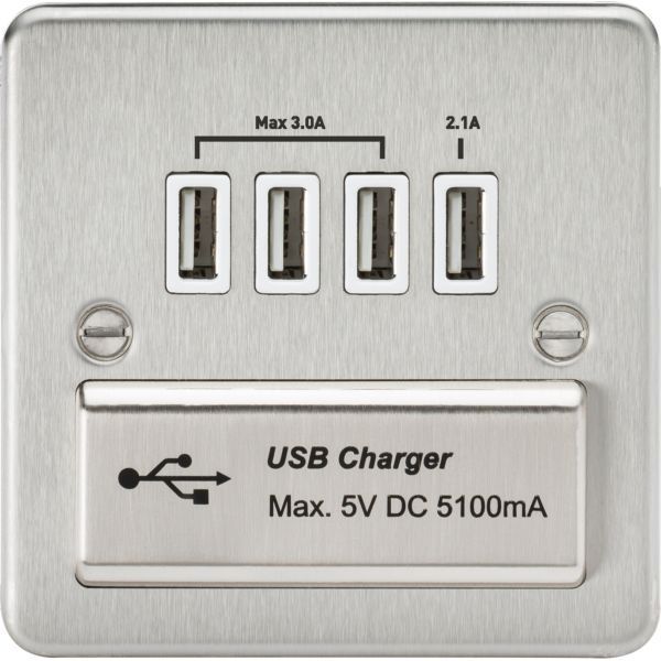 Knightsbridge FPQUADBCW Flat Plate Brushed Chrome 4x USB-A 5.1A Charger Outlet - White Insert