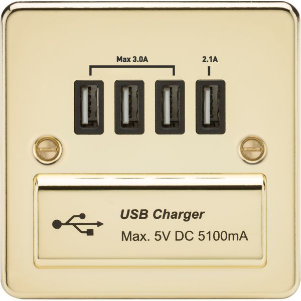 Knightsbridge FPQUADPB Flat Plate Polished Brass 4x USB-A 5.1A Charger Outlet