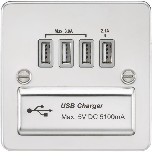 Knightsbridge FPQUADPCG Flat Plate Polished Chrome 4x USB-A 5.1A Charger Outlet - Grey Insert