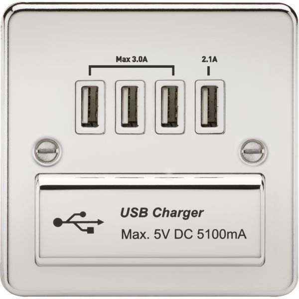 Knightsbridge FPQUADPCW Flat Plate Polished Chrome 4x USB-A 5.1A Charger Outlet - White Insert