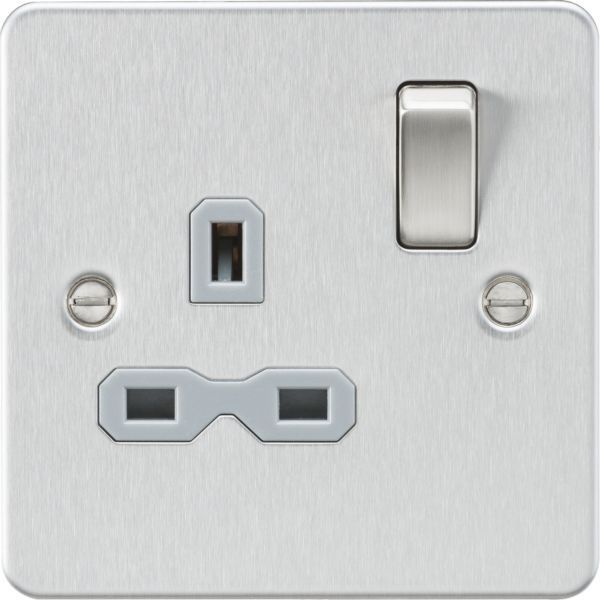 Knightsbridge FPR7000BCG Flat Plate Brushed Chrome 1 Gang 13A 2 Pole Switched Socket - Grey Insert