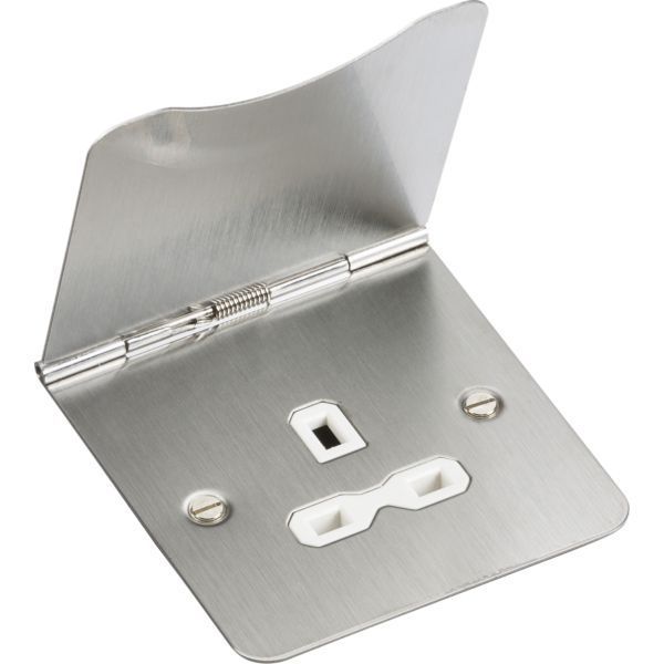 Knightsbridge FPR7UBCW Flat Plate Brushed Chrome 1 Gang 13A Unswitched Floor Socket - White Insert