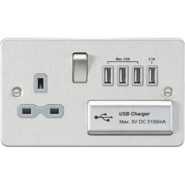 Knightsbridge FPR7USB4BCG Flat Plate Brushed Chrome 1 Gang 13A Switched Socket 4x USB-A 5.1A Outlet - Grey Insert