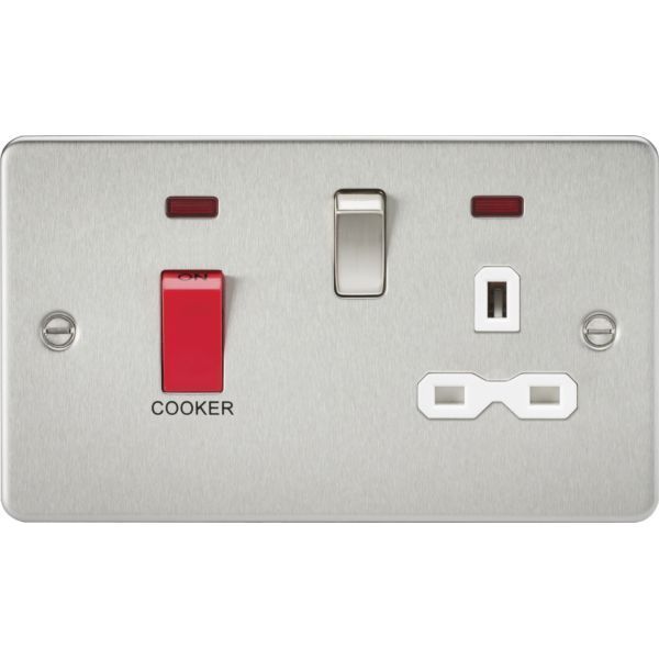 Knightsbridge FPR8333NBCW Flat Plate Brushed Chrome 45A 2 Pole Switch 13A 1 Gang Neon Switched Socket - White Insert