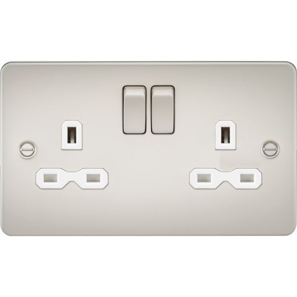 Knightsbridge FPR9000PLW Pearl Flat Plate 2 Gang 13A 2 Pole Switched Socket - White Insert