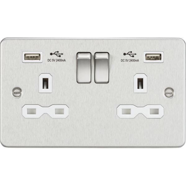 Knightsbridge FPR9224BCW Flat Plate Brushed Chrome 2 Gang 13A 2x USB-A 2.4A Switched Socket - White Insert