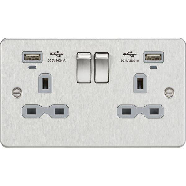 Knightsbridge FPR9904NBCG Flat Plate Brushed Chrome 2 Gang 13A 2x USB-2.4A Neon Switched Socket - Grey Insert