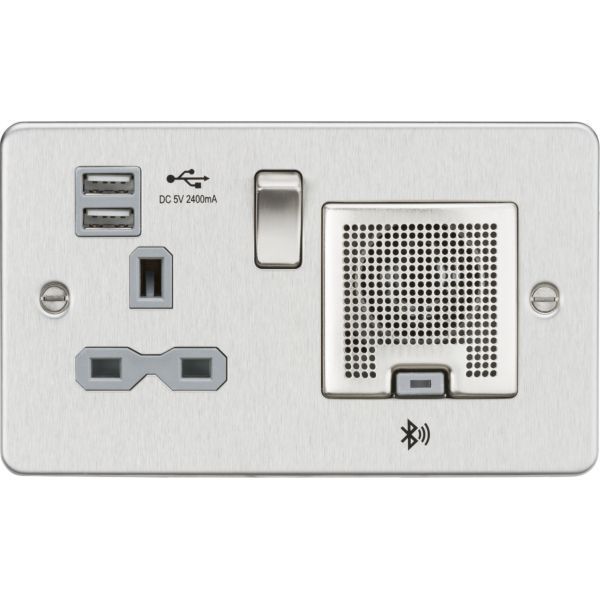 Knightsbridge FPR9905BCG Flat Plate Brushed Chrome 1 Gang 13A 2x USB-2.4A Bluetooth Speaker Switched Socket - Grey Insert