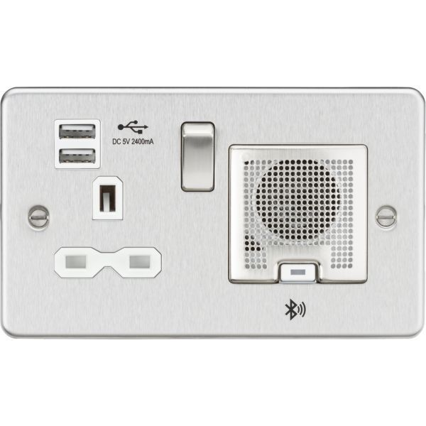 Knightsbridge FPR9905BCW Flat Plate Brushed Chrome 1 Gang 13A 2x USB-2.4A Bluetooth Speaker Switched Socket - White Insert