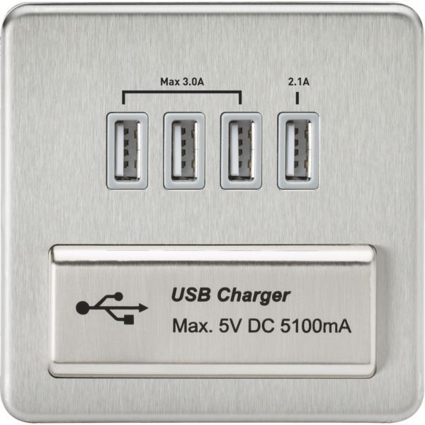Knightsbridge SFQUADBCG Screwless Brushed Chrome 4x USB-A 5.1A USB Charger Outlet - Grey Insert