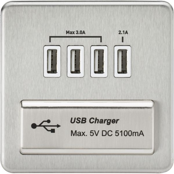 Knightsbridge SFQUADBCW Screwless Brushed Chrome 4x USB-A 5.1A USB Charger Outlet - White Insert