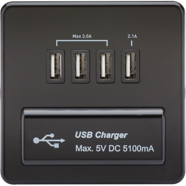 Knightsbridge SFQUADMB Screwless Matt Black 4x USB-A 5.1A USB Charger Outlet