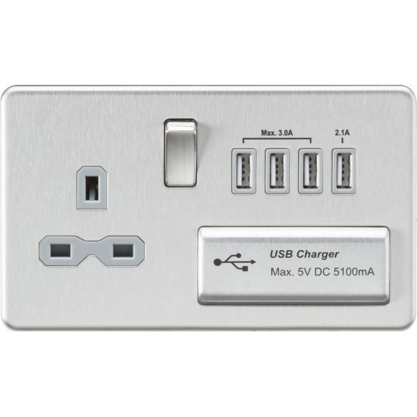 Knightsbridge SFR7USB4BCG Screwless Brushed Chrome 1 Gang 13A Switched Socket 4x USB-A 5.1A USB Charger Outlet - Grey Insert