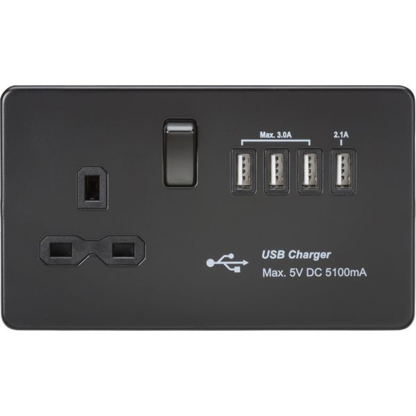Knightsbridge SFR7USB4MBB Screwless Matt Black 1 Gang 13A Switched Socket 4x USB-A 5.1A USB Charger Outlet