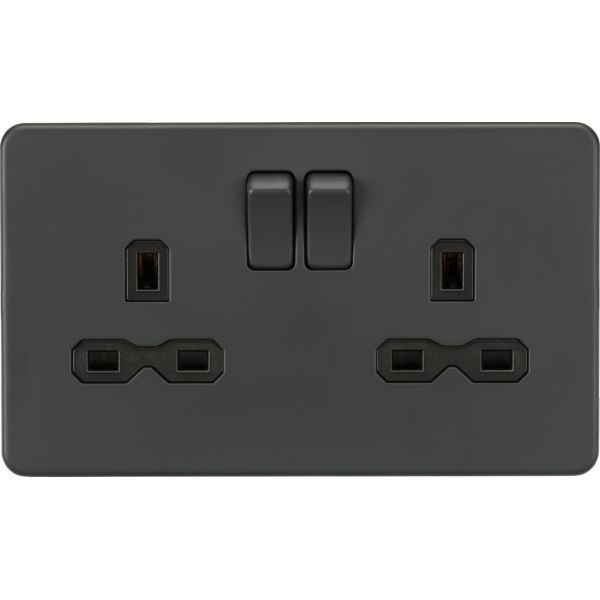 Knightsbridge SFR9000AT Anthracite Screwless 2 Gang 13A 2 Pole Switched Socket - Black Insert