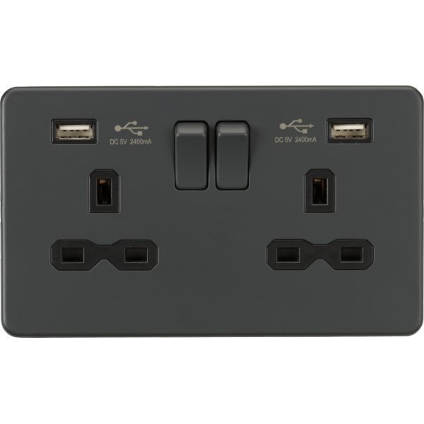 Knightsbridge SFR9224AT Anthracite Screwless 2 Gang 13A 2x USB-A 2.4A Switched Socket - Black Insert