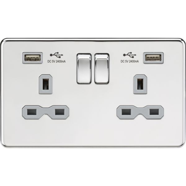 Knightsbridge SFR9224PCG Screwless Polished Chrome 2 Gang 13A 2x USB-A 2.4A Switched Socket - Grey Insert
