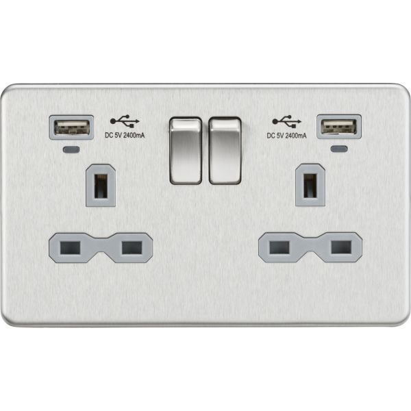 Knightsbridge SFR9904NBCG Screwless Brushed Chrome 2 Gang 13A 2x USB-A 2.4A Neon Switched Socket - Grey Insert
