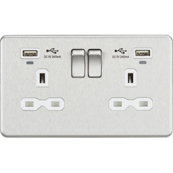 Knightsbridge SFR9904NBCW Brushed Chrome Screwless 2 Gang 13A 2x USB-A 2.4A Switched Socket - White Insert