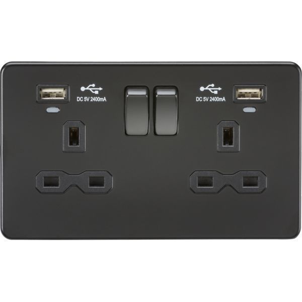 Knightsbridge SFR9904NMBB Screwless Matt Black 2 Gang 13A 2x USB-A 2.4A Neon Switched Socket