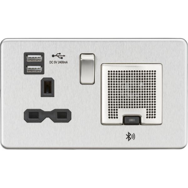 Knightsbridge SFR9905BC Screwless Brushed Chrome 1 Gang 13A 2x USB-A 2.4A Bluetooth Speaker Switched Socket - Black Insert