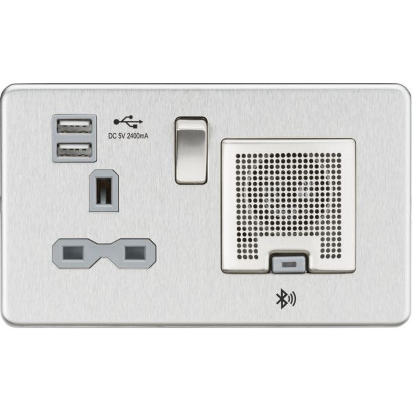 Knightsbridge SFR9905BCG Screwless Brushed Chrome 1 Gang 13A 2x USB-A 2.4A Bluetooth Speaker Switched Socket - Grey Insert