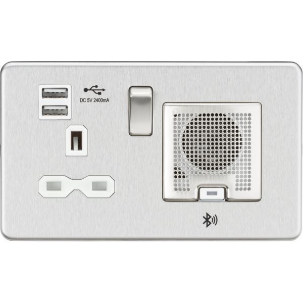 Knightsbridge SFR9905BCW Screwless Brushed Chrome 1 Gang 13A 2x USB-A 2.4A Bluetooth Speaker Switched Socket - White Insert