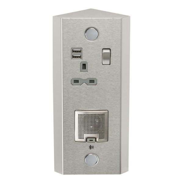 Knightsbridge SKR0013 Stainless Steel IP20 1 Gang 13A 2x USB-A 2.4A 3W RMS Bluetooth Speaker Vertical Switched Socket
