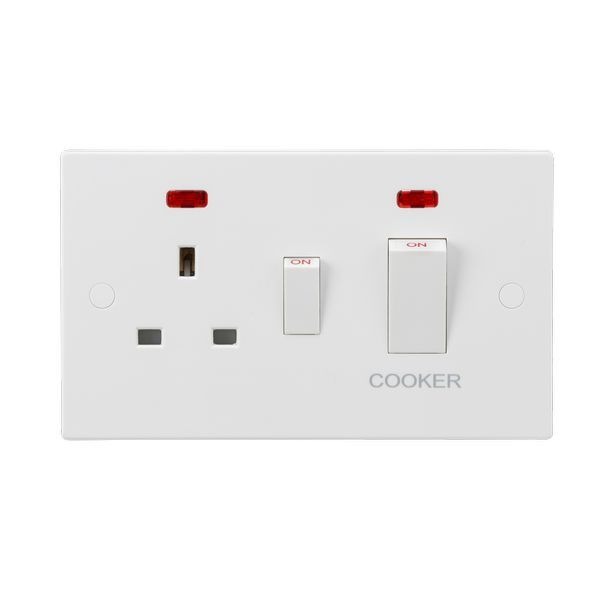 Knightsbridge SN8333NW Square Edge White with White Rocker 45A 2 Pole Cooker Switch Neon 13A Switched Socket