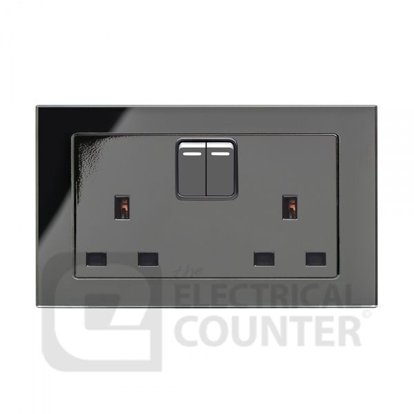 Black Double Pole Double Plug Socket with Switch and Glass Surround