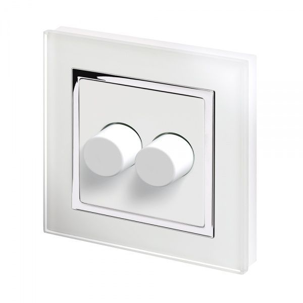 White 2 Gang 2 Way Rotary LED Intelligent Dimmer with Chrome Trim