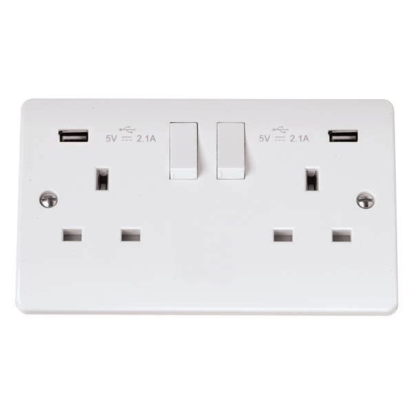 Click CMA780 White Plastic Mode 2 Gang 13A 2x USB-A 4.2A Twin Earth 1 Pole Switched Socket
