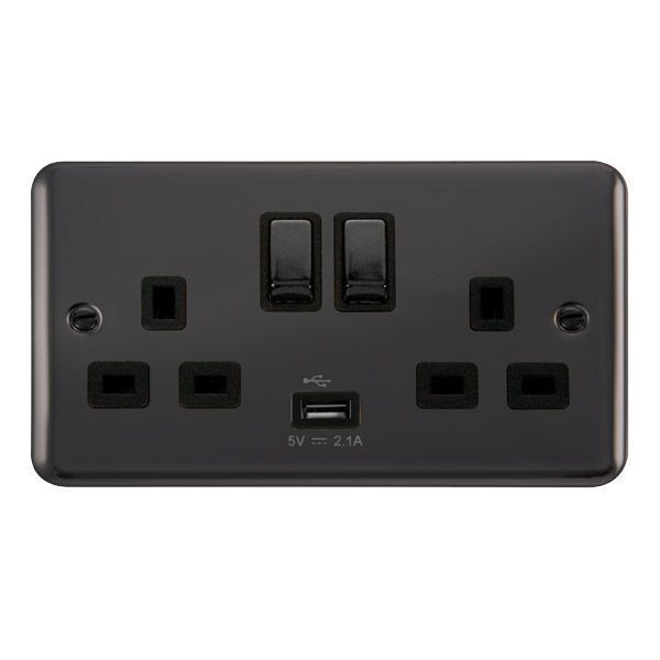 Click DPBN570BK Deco Plus Black Nickel Ingot 2 Gang 13A 1x USB-A 2.1A Switched Socket - Black Insert