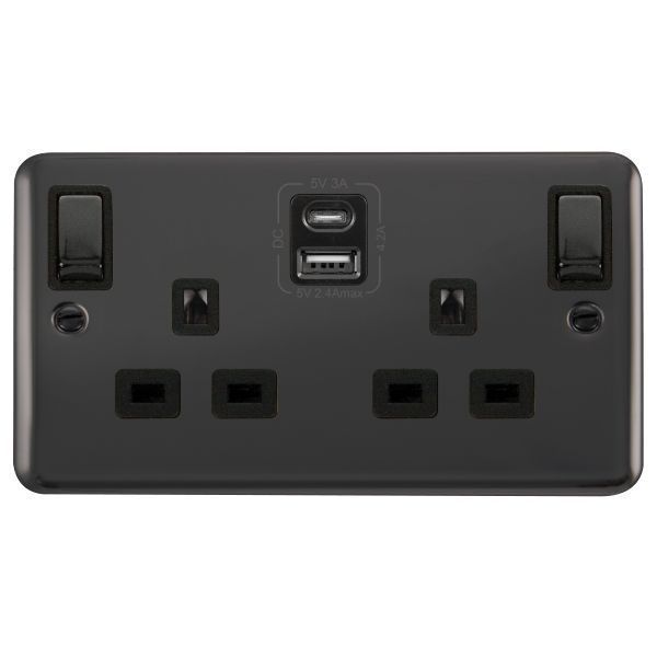 Click DPBN586BK Deco Plus Black Nickel Ingot 2 Gang 13A 1x USB-A 1x USB-C 4.2A Switched Socket - Black Insert