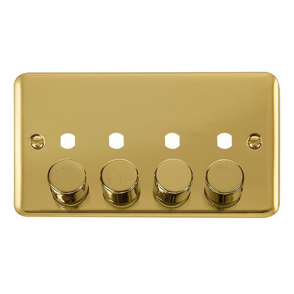 Watch a video of the Click DPBR154PL Deco Plus Polished Brass 4 Gang Dimmer Switch Plate with Knobs