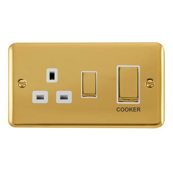 Watch a video of the Click DPBR504WH Deco Plus Polished Brass Ingot 1 Gang 45A 2 Pole Cooker Switch 13A Switched Socket - White Insert