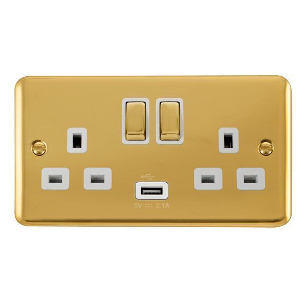 Click DPBR570WH Deco Plus Polished Brass Ingot 2 Gang 13A 1x USB-A 2.1A Switched Socket - White Insert