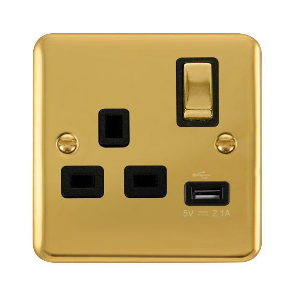 Click DPBR571BK Deco Plus Polished Brass Ingot 1 Gang 13A 1x USB-A 2.1A Switched Socket - Black Insert