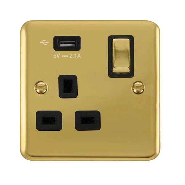 Watch a video of the Click DPBR571UBK Deco Plus Polished Brass Ingot 1 Gang 13A 1x USB-A 2.1A Switched Socket - Black Insert