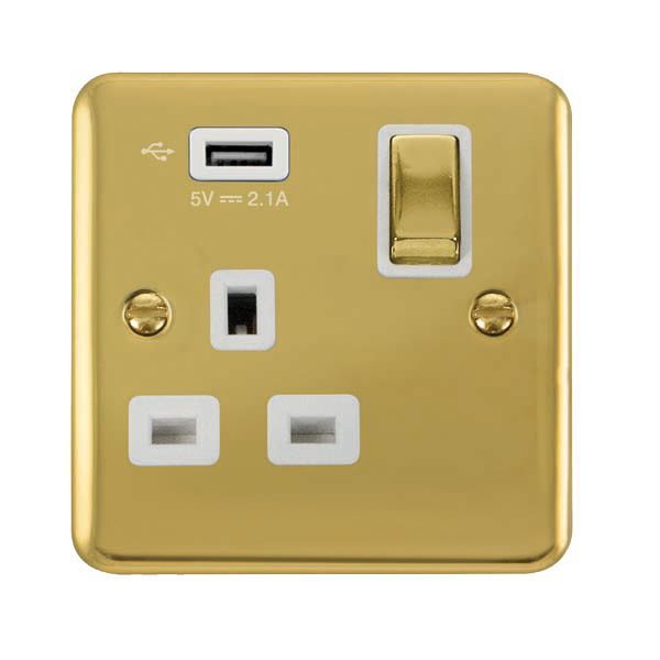 Watch a video of the Click DPBR571UWH Deco Plus Polished Brass Ingot 1 Gang 13A 1x USB-A 2.1A Switched Socket - White Insert