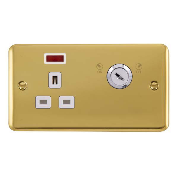 Click DPBR655WH Deco Plus Polished Brass Ingot 1 Gang 13A Double Plate Neon Lockable Socket - White Insert