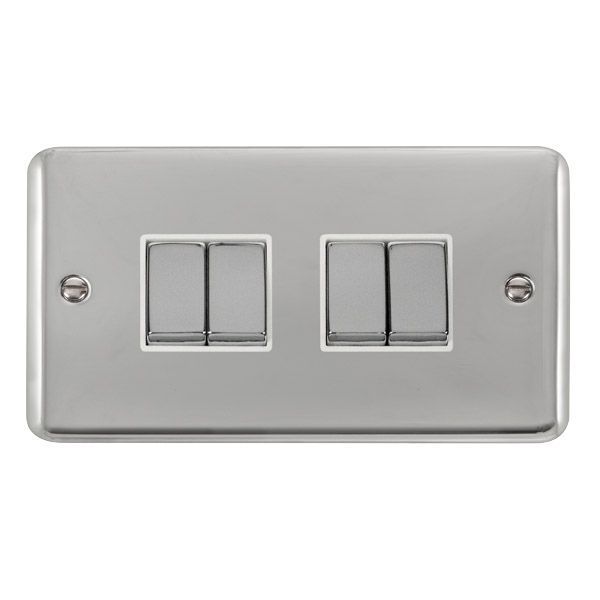 Watch a video of the Click DPCH414WH Deco Plus Polished Chrome Ingot 4 Gang 10AX 2 Way Plate Switch - White Insert