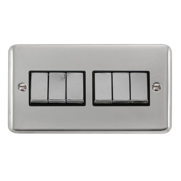 Watch a video of the Click DPCH416BK Deco Plus Polished Chrome Ingot 6 Gang 10AX 2 Way Plate Switch - Black Insert