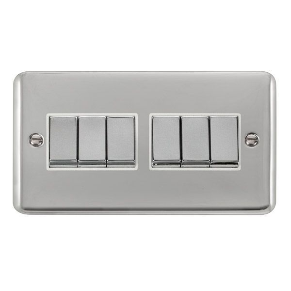 Watch a video of the Click DPCH416WH Deco Plus Polished Chrome Ingot 6 Gang 10AX 2 Way Plate Switch - White Insert