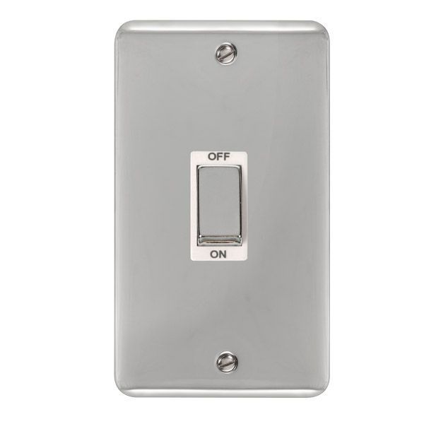 Watch a video of the Click DPCH502WH Deco Plus Polished Chrome 1 Gang Double Plate 45A 2 Pole Cooker Switch - White Insert