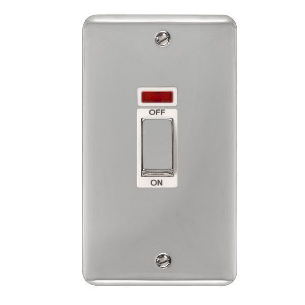 Click DPCH503WH Deco Plus Polished Chrome Ingot 1 Gang Double Plate 45A 2 Pole Neon Cooker Switch - White Insert