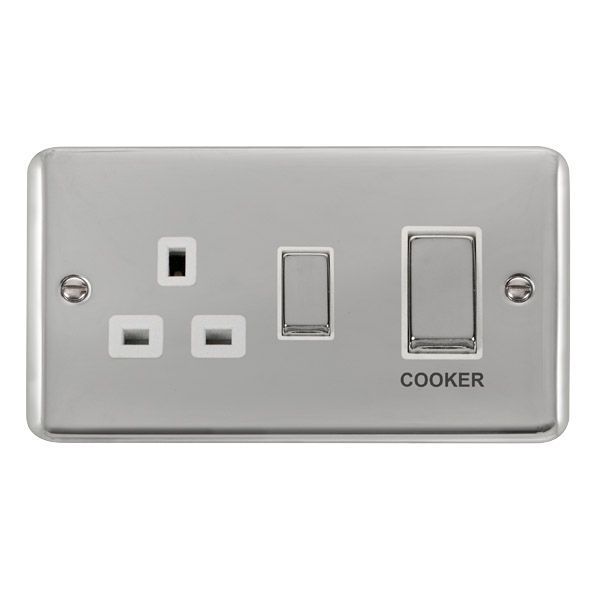 Watch a video of the Click DPCH504WH Deco Plus Polished Chrome Ingot 1 Gang 45A 2 Pole Cooker Switch 13A Switched Socket - White Insert