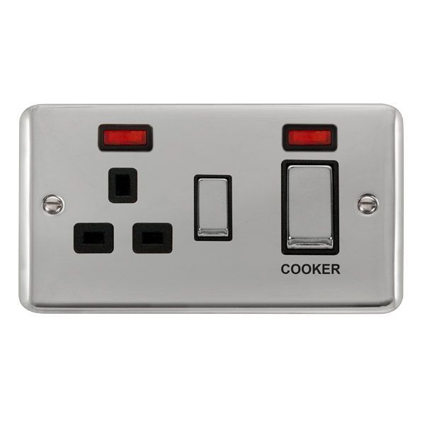 Watch a video of the Click DPCH505BK Deco Plus Polished Chrome Ingot 1 Gang 45A 2 Pole Cooker Switch 13A Neon Switched Socket - Black Insert
